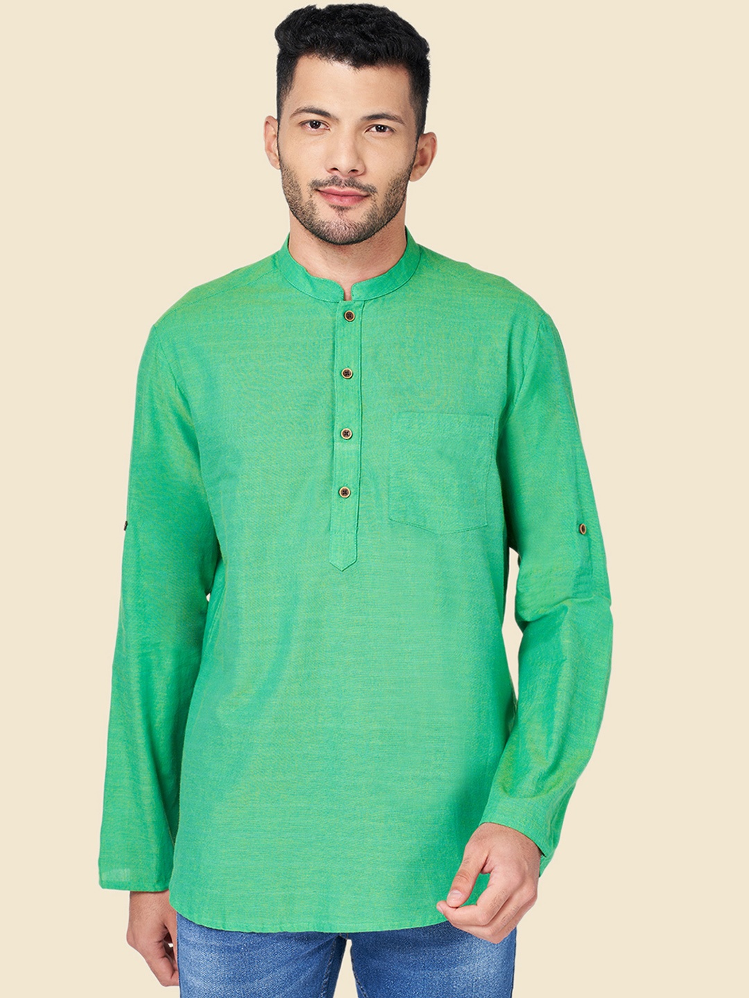 

YU by Pantaloons Men Green Regular Cotton Kurta