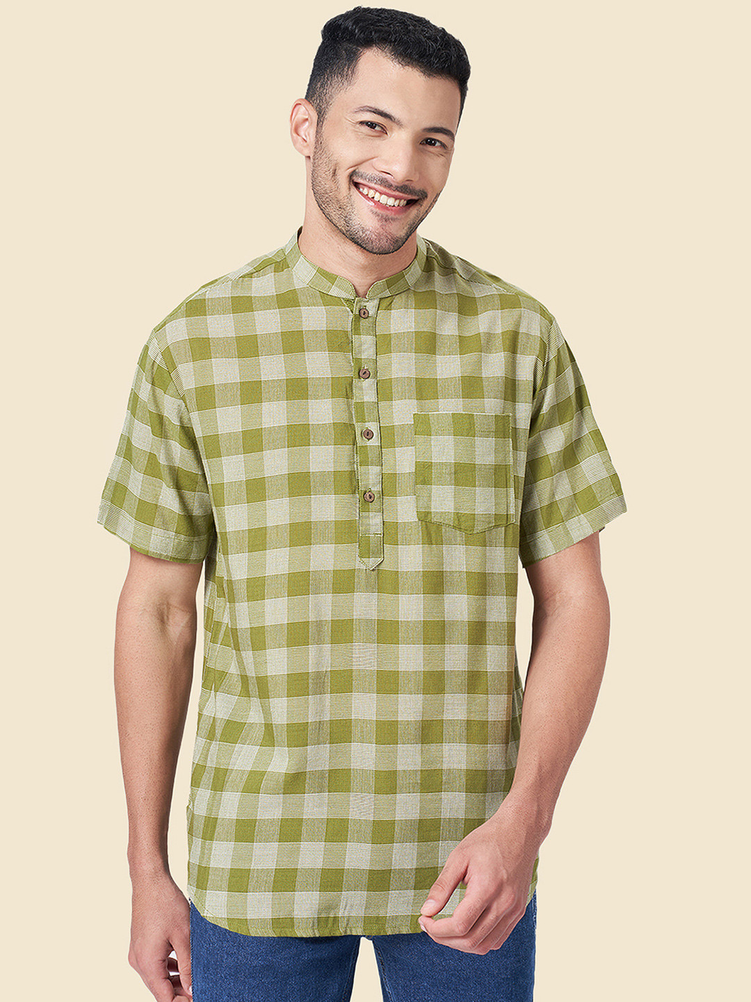

YU by Pantaloons Men Green & Off White Checked Cotton Kurta
