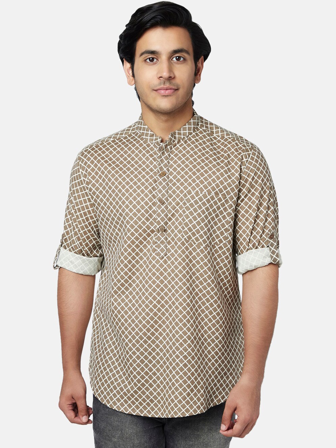 

YU by Pantaloons Men Beige Geometric Printed Cotton Kurta