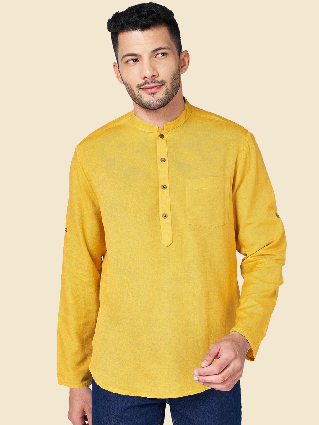 

YU by Pantaloons Men Mustard Yellow Mandarin Collar Cotton Kurta