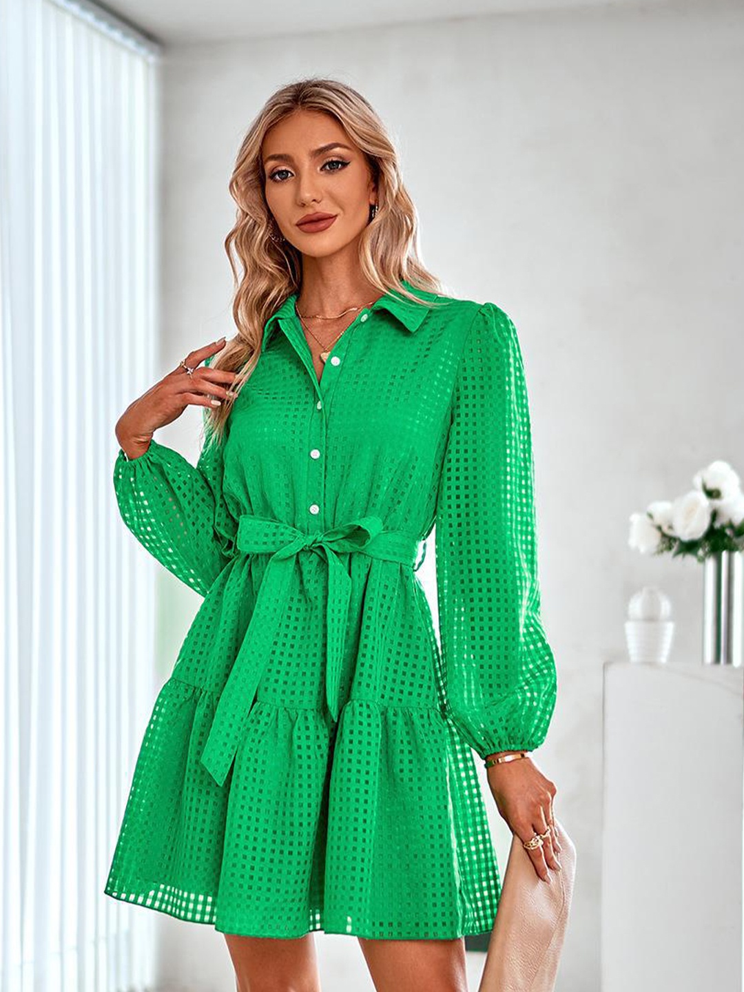 

StyleCast Green Checked Puff Sleeved Shirt Dress