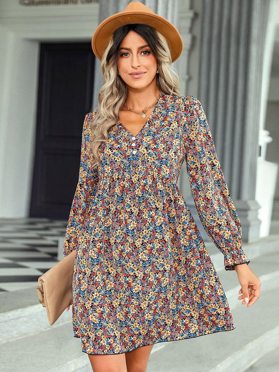 

StyleCast Yellow & Blue Floral A-Line Polyester Dress