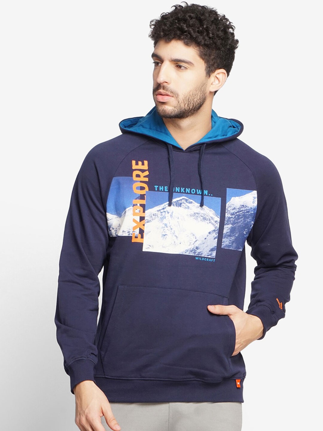 

Wildcraft Men Navy Blue Printed Hooded Cotton Sweatshirt