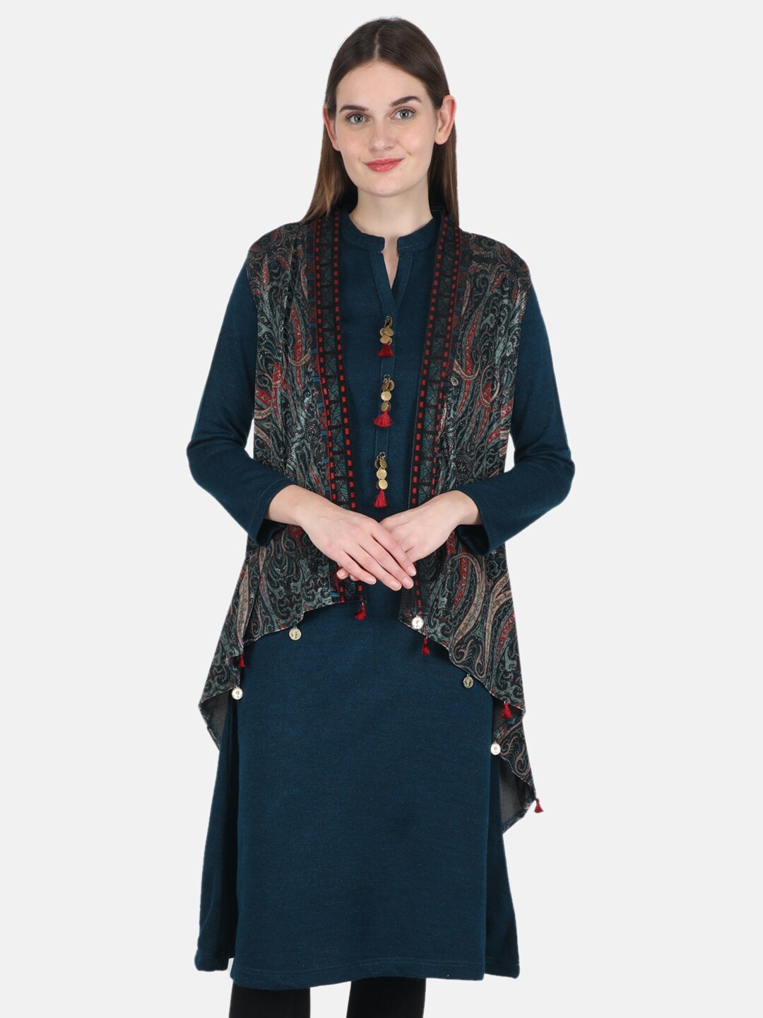 

Monte Carlo Band collar Printed Wool Kurta & Shrug Set, Teal