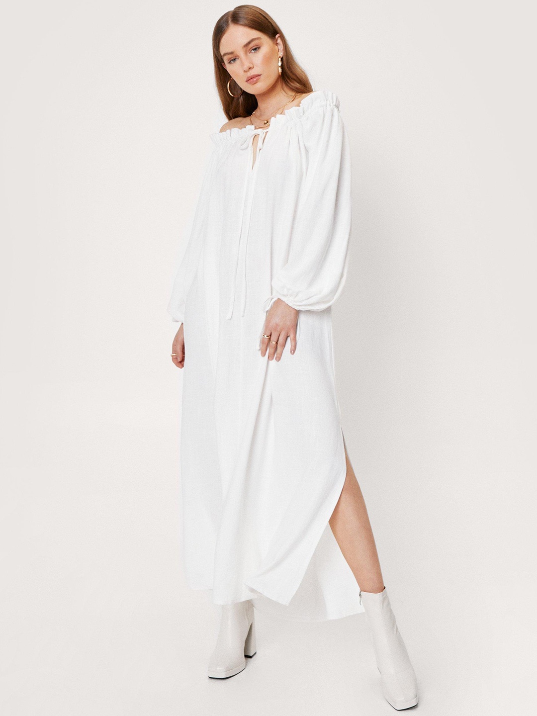 

NASTY GAL White Pure Cotton Off-Shoulder Oversized Maxi Dress