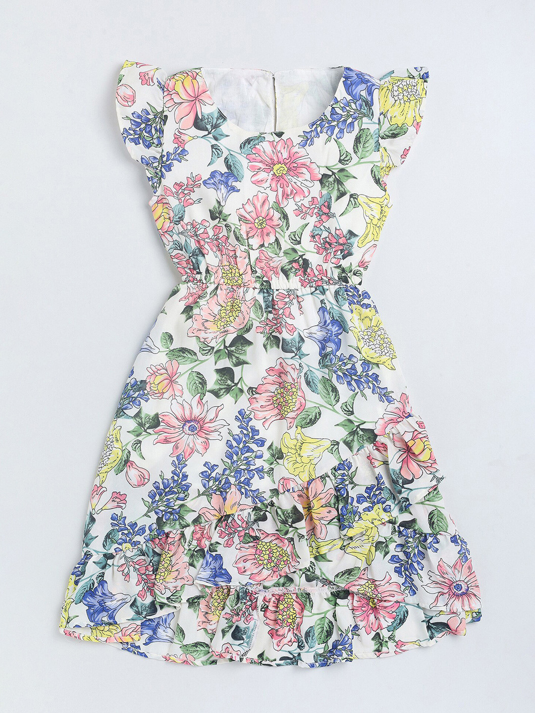 

YK White Floral Printed Flutter Sleeves Fit & Flare Dress