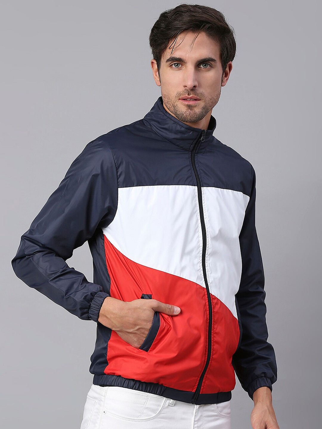 

Dennis Lingo Men Navy Blue & White Colourblocked Open Front Jacket