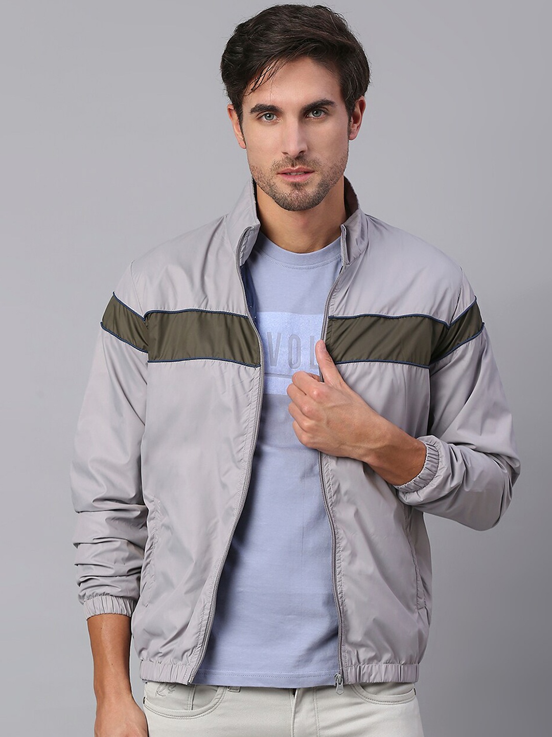 

Dennis Lingo Men Grey & Olive Green Striped Open Front Jacket