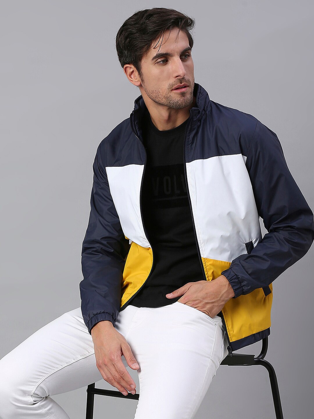 

Dennis Lingo Men Navy Blue & Yellow Colourblocked Open Front Jacket