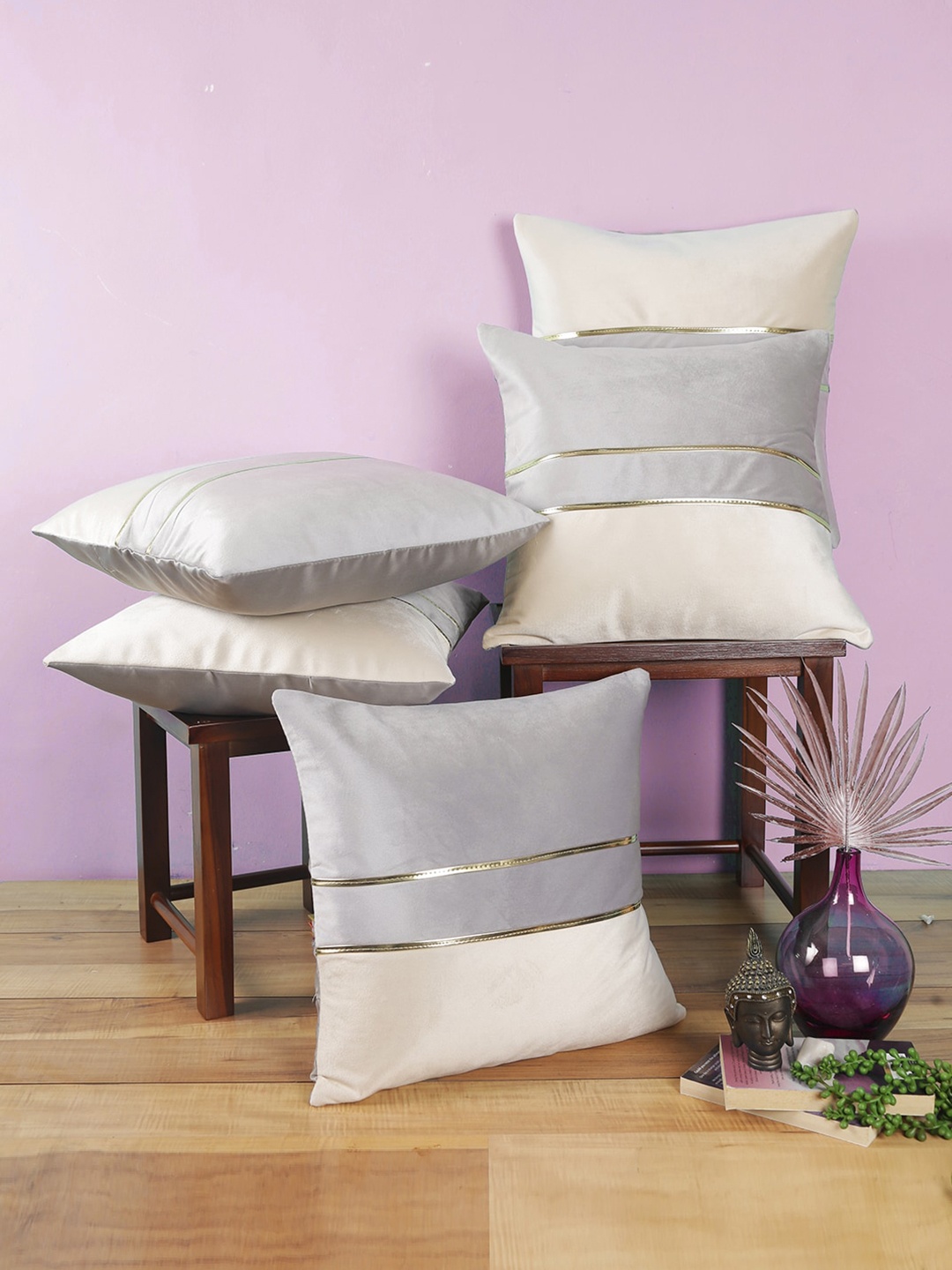 

ROMEE Off White & Beige Set of 5 Colourblocked Velvet Square Cushion Covers