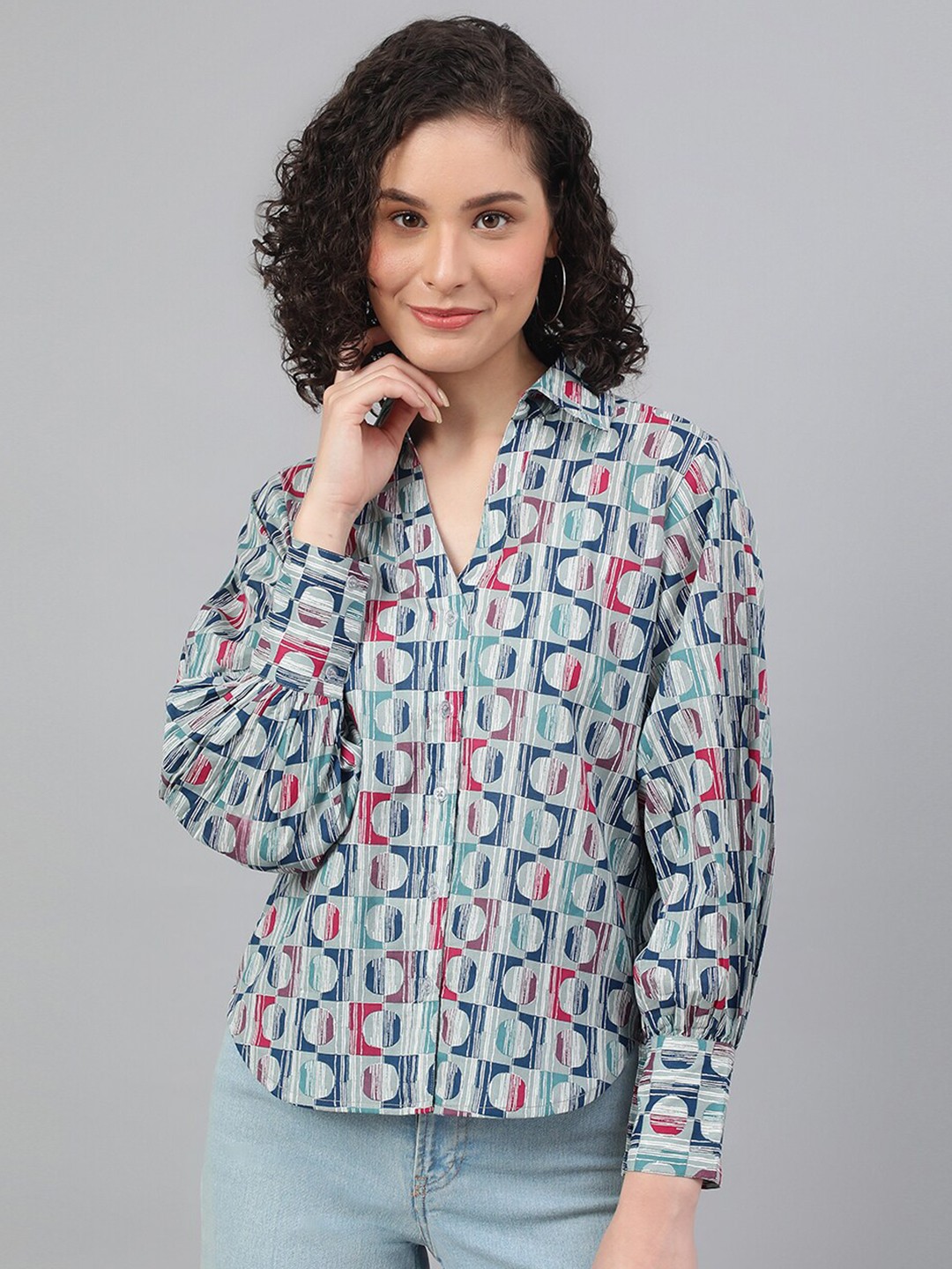 

DEEBACO Women Multicoloured Premium Geometric Printed Cotton Casual Shirt, Multi
