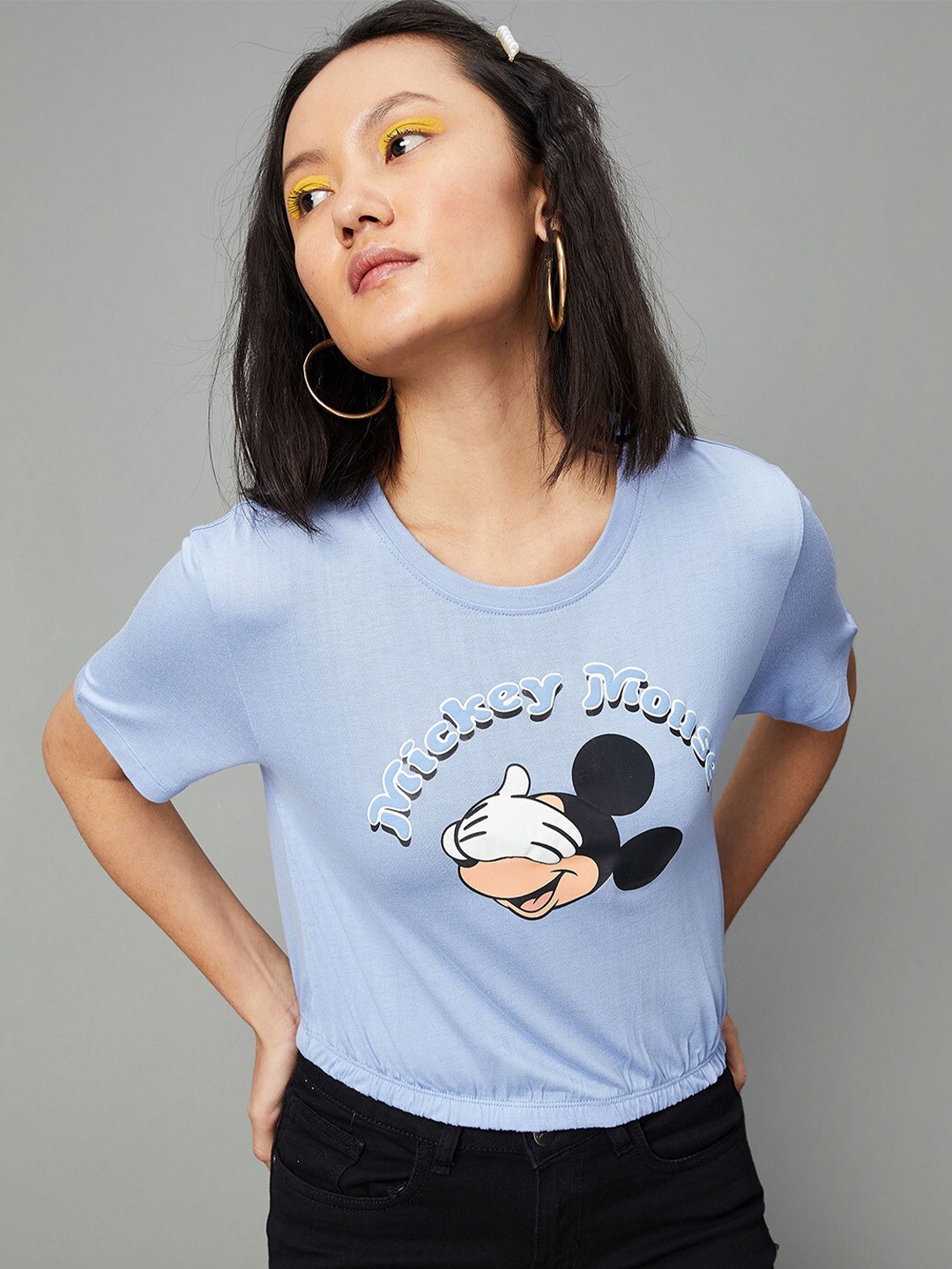 

max Women Blue Printed Raw Edge T-shirt