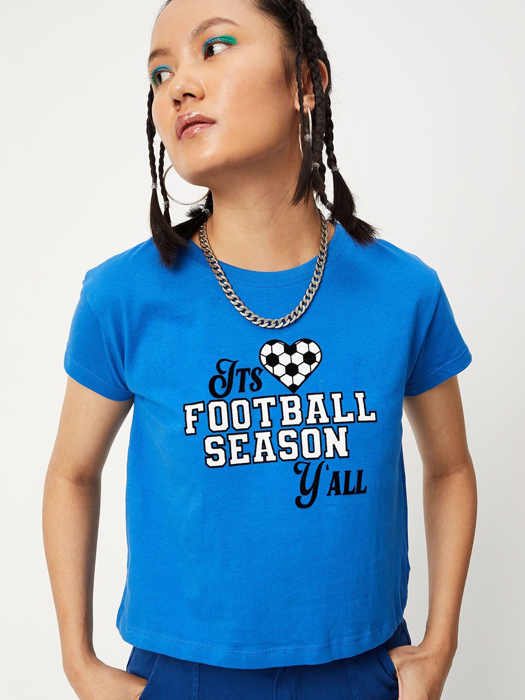 

max Women Blue Typography Printed Cotton T-shirt