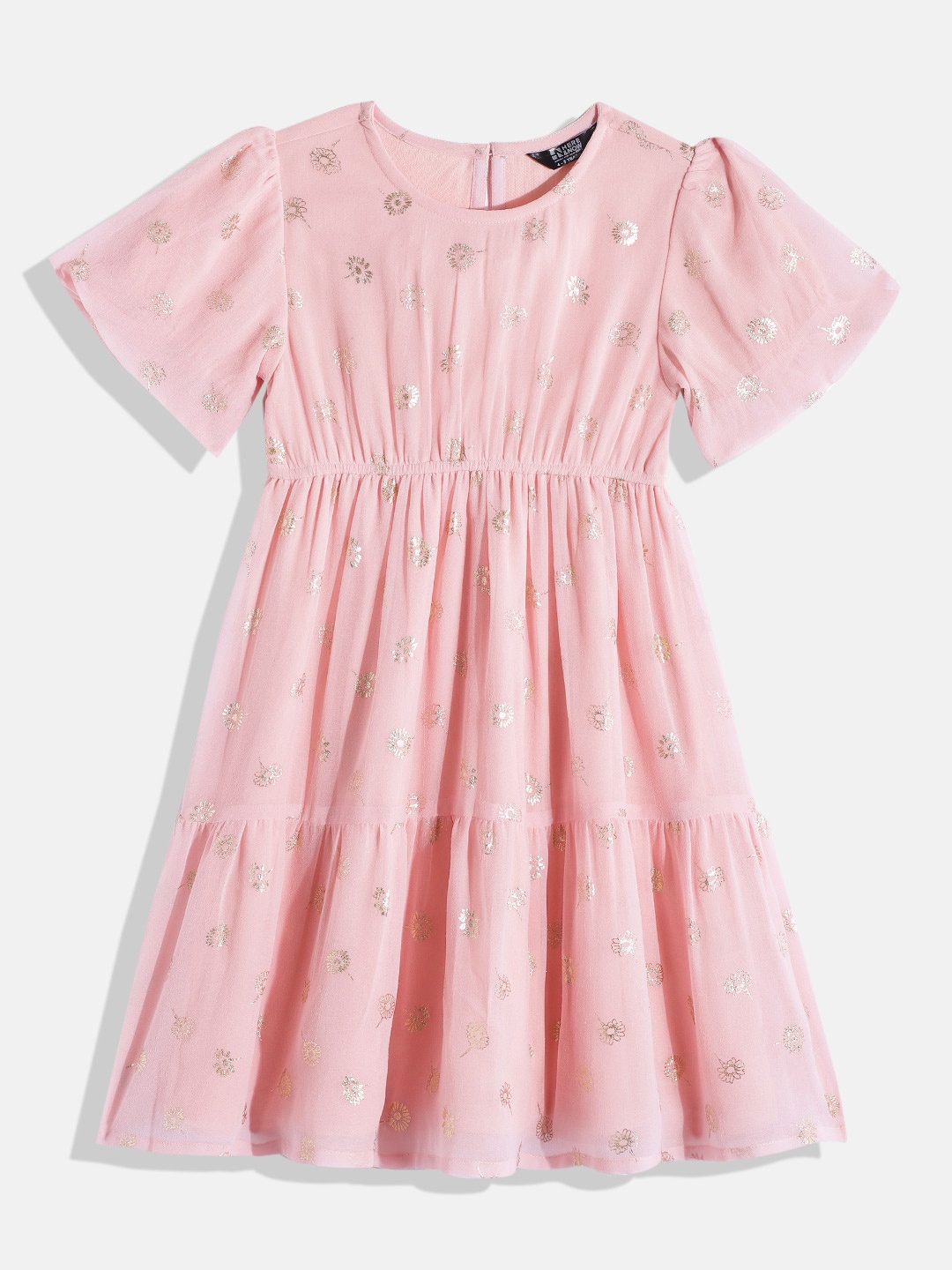 

HERE&NOW Girls Ethnic Motifs Georgette A-Line Midi Dress, Pink