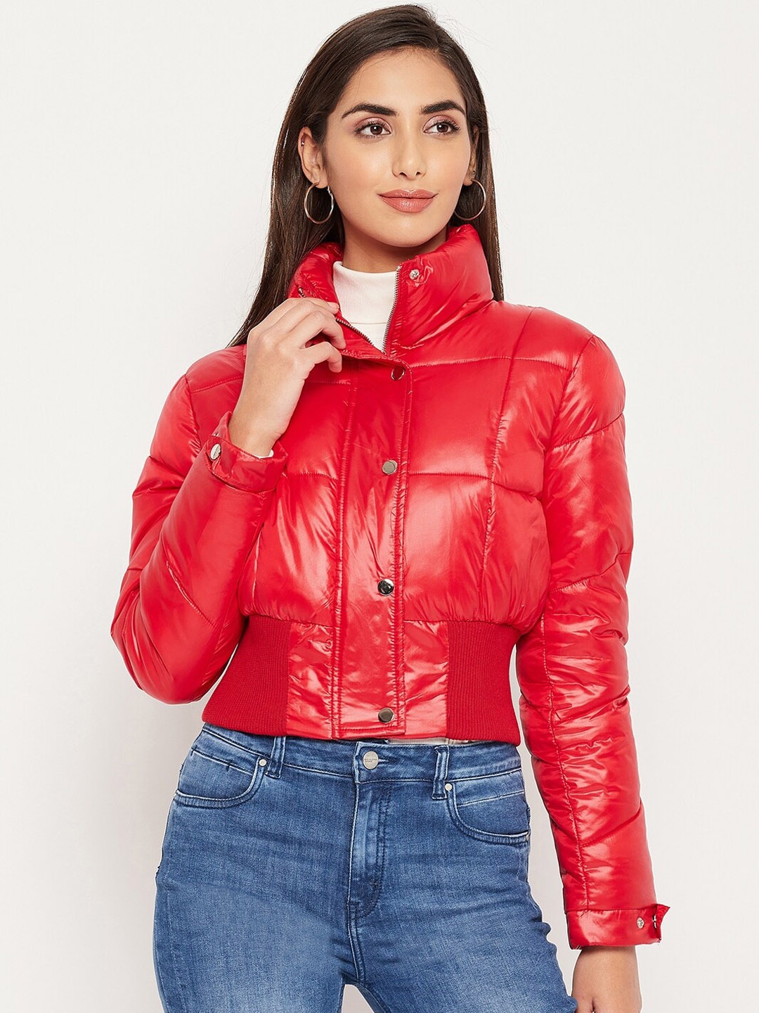 

Madame Women Red Crop Cotton Biker Jacket