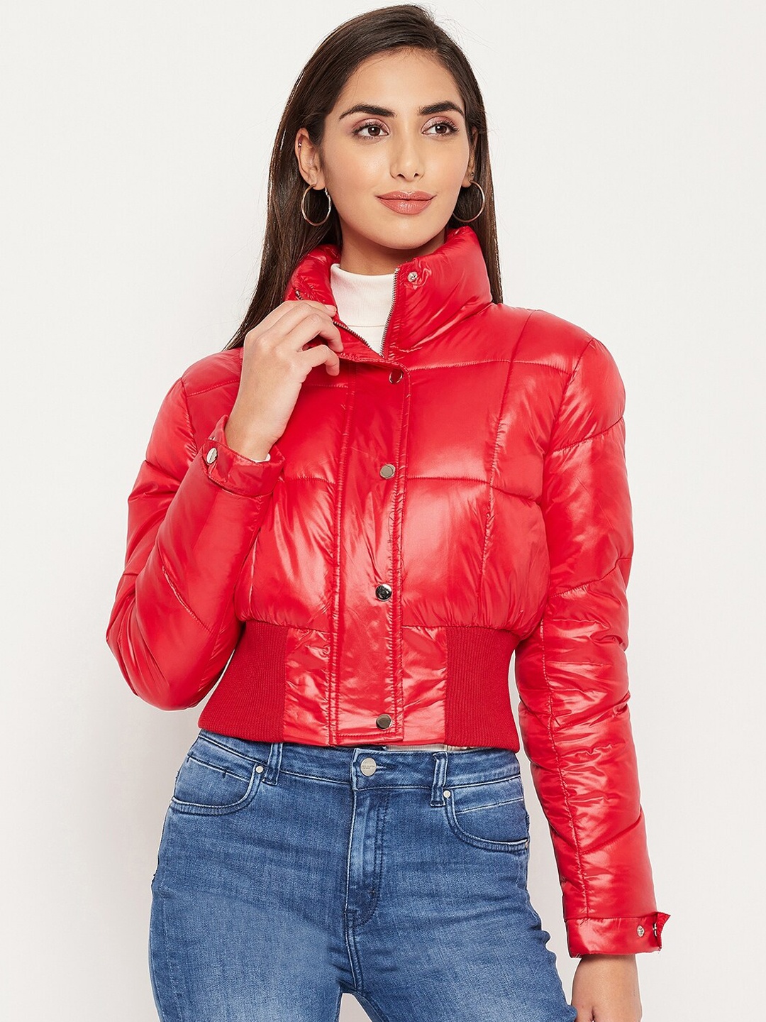 

Madame Women Red Crop Cotton Biker Jacket