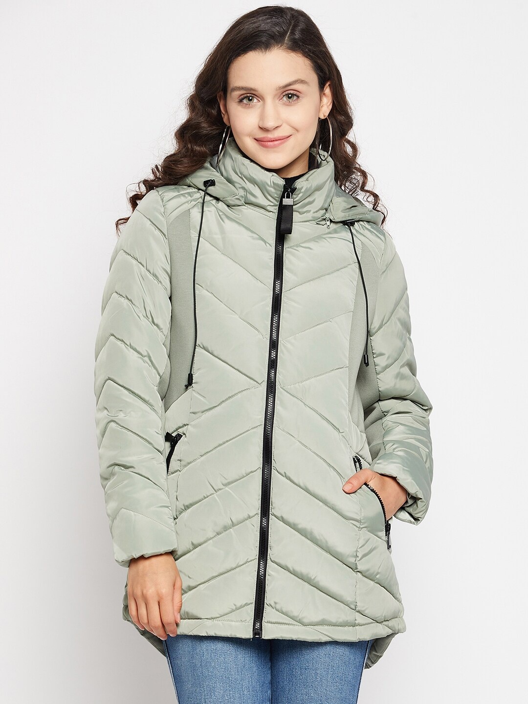 

Madame Women Green Longline Hooded Padded Jacket