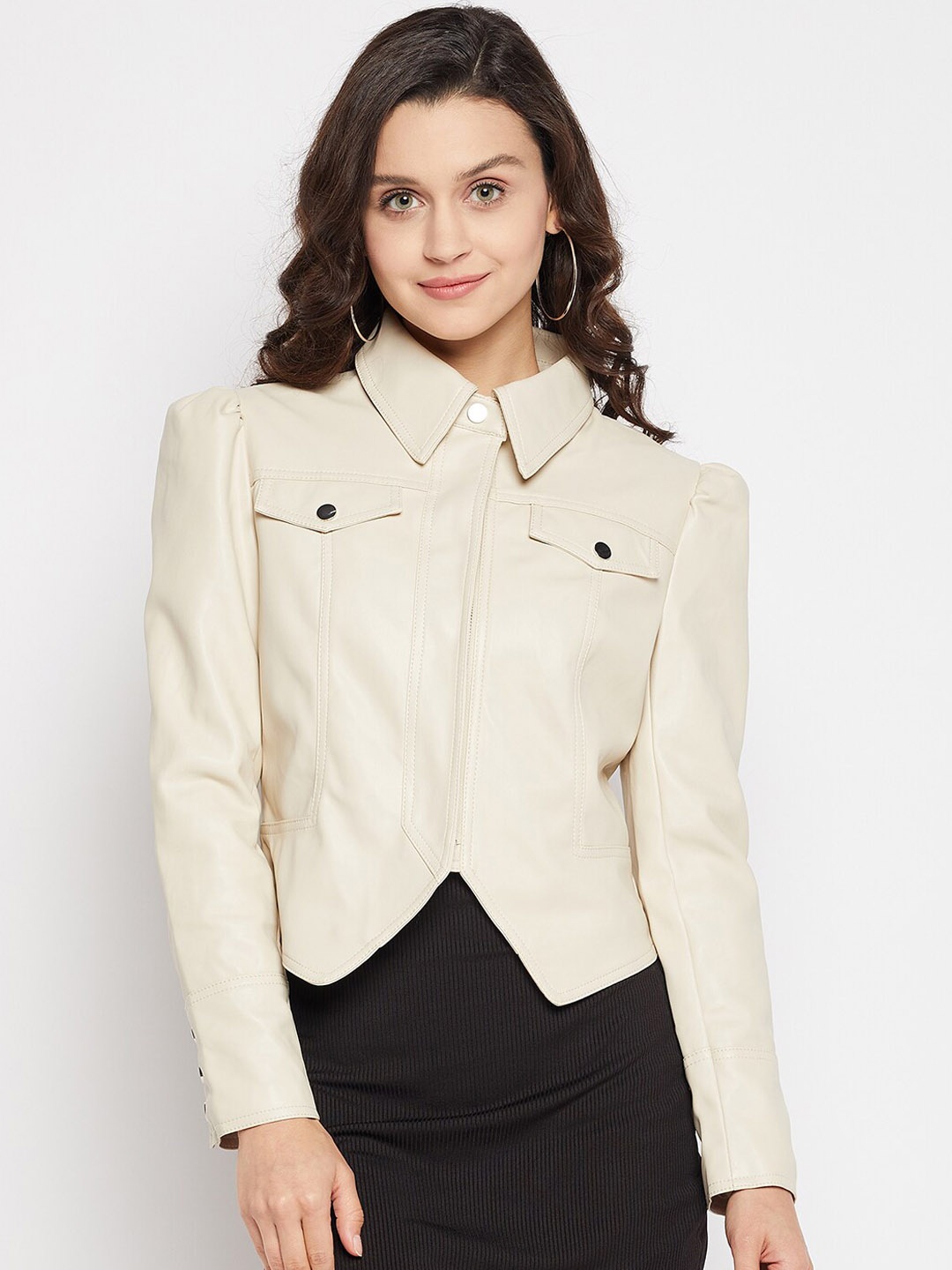

Madame Women Beige Crop Leather Jacket