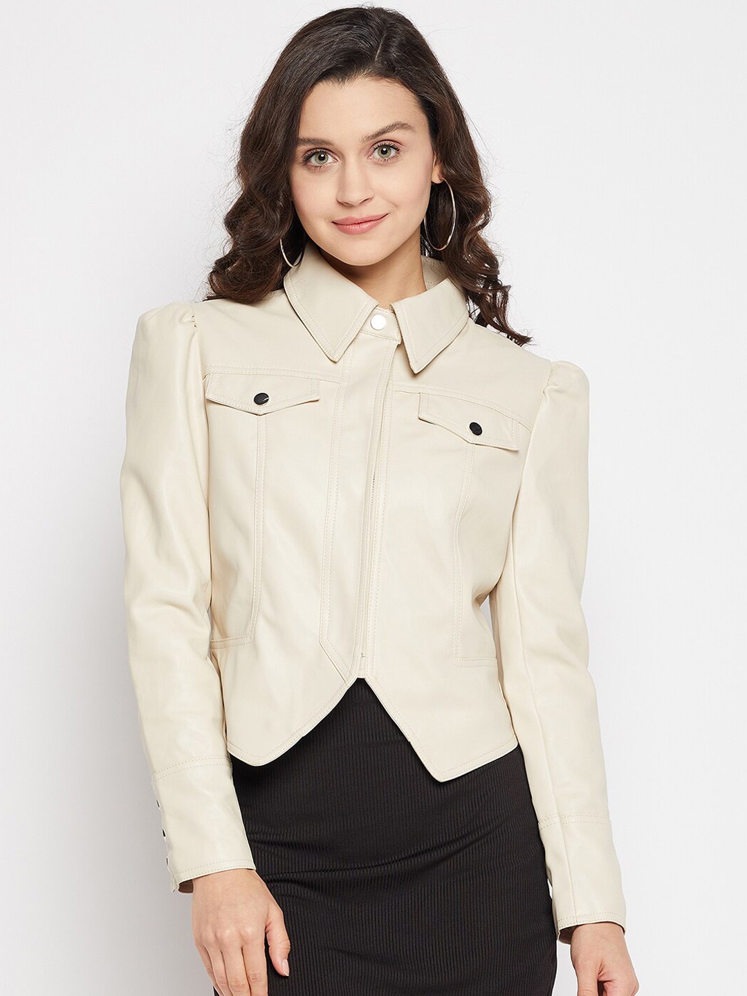 

Madame Women Beige Crop Leather Jacket