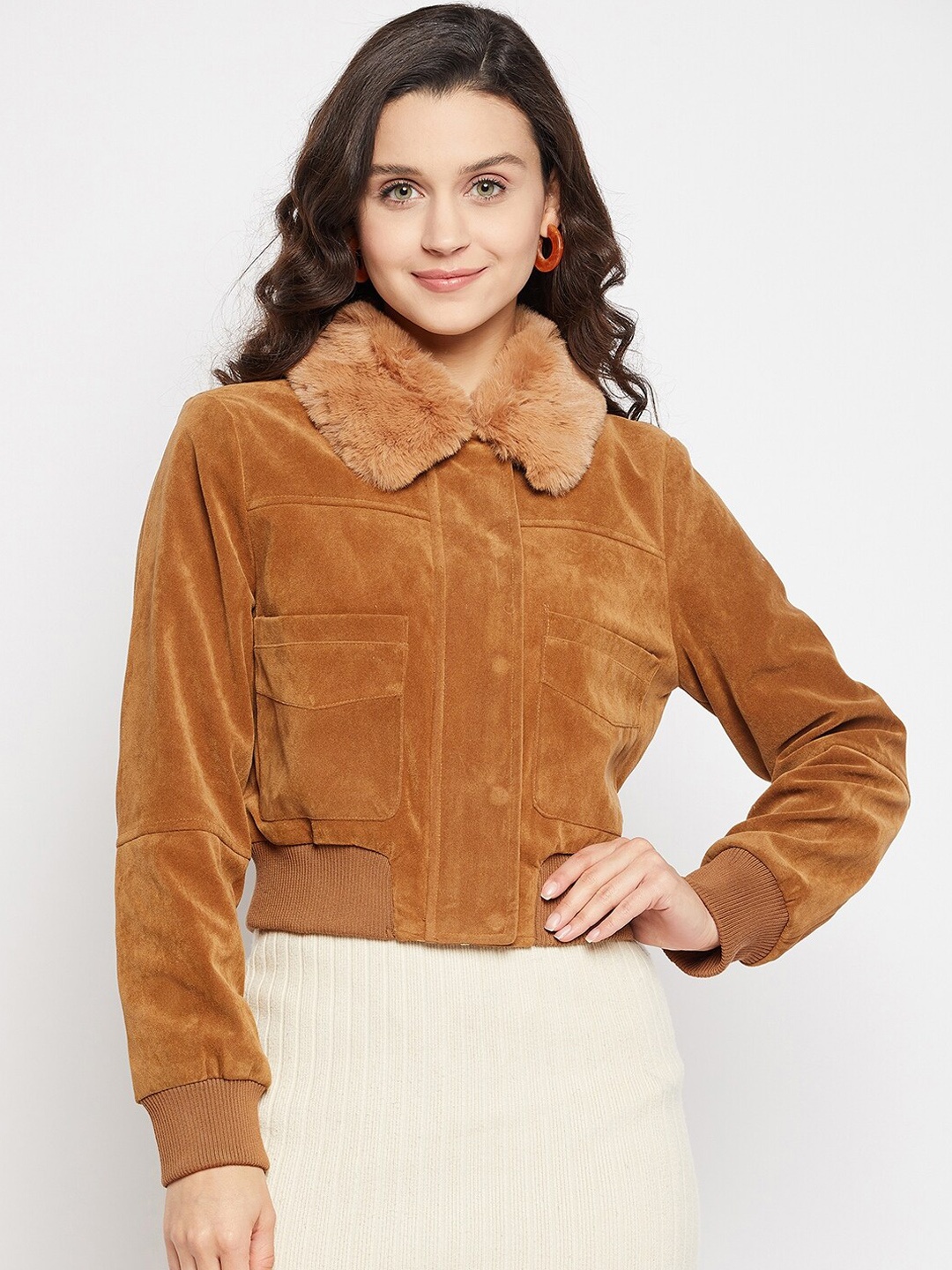 

Madame Women Tan Crop Bomber Jacket