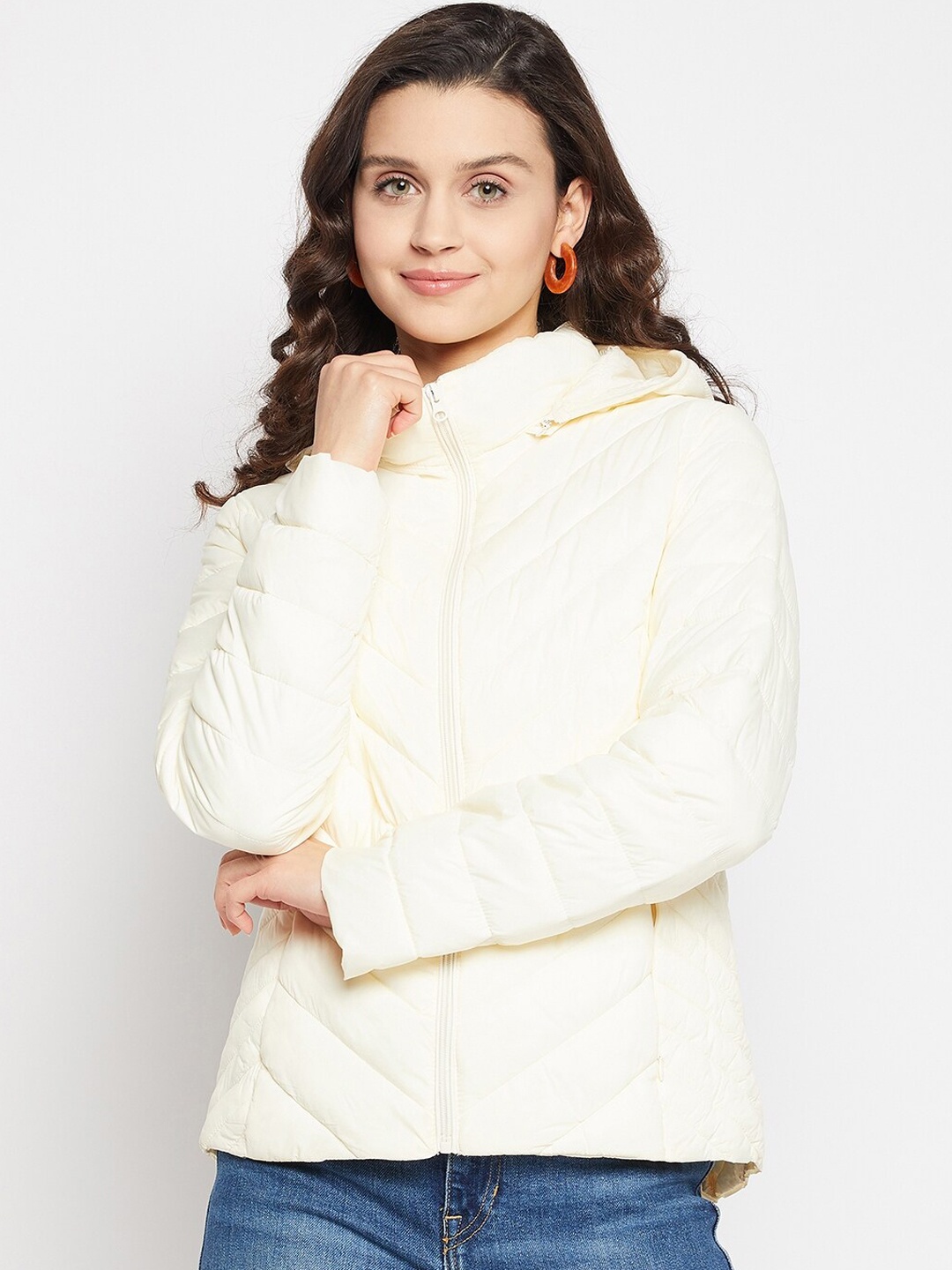 

Madame Women Off White Hooded Padded Jacket