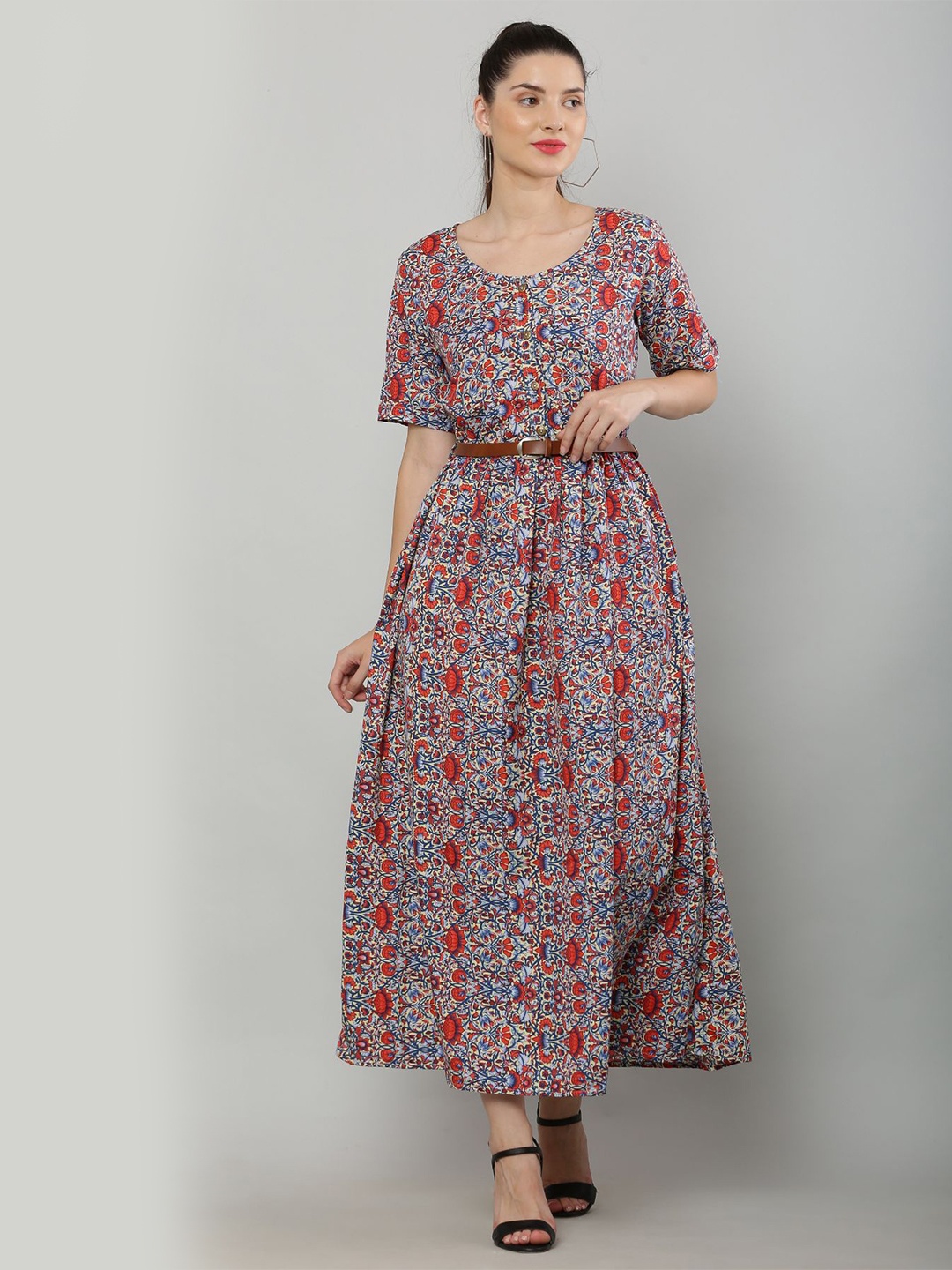 

R Cube Women Red & Blue Ethnic Motifs Printed Maxi Dress