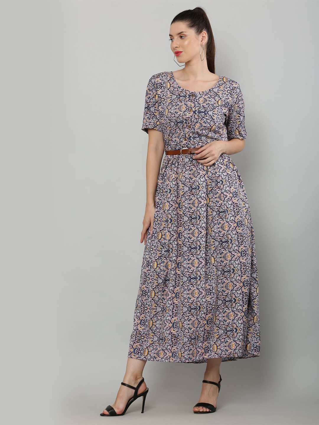 

R Cube Women Lavender & Yellow Ethnic Motifs Printed Round Neck Maxi Dress