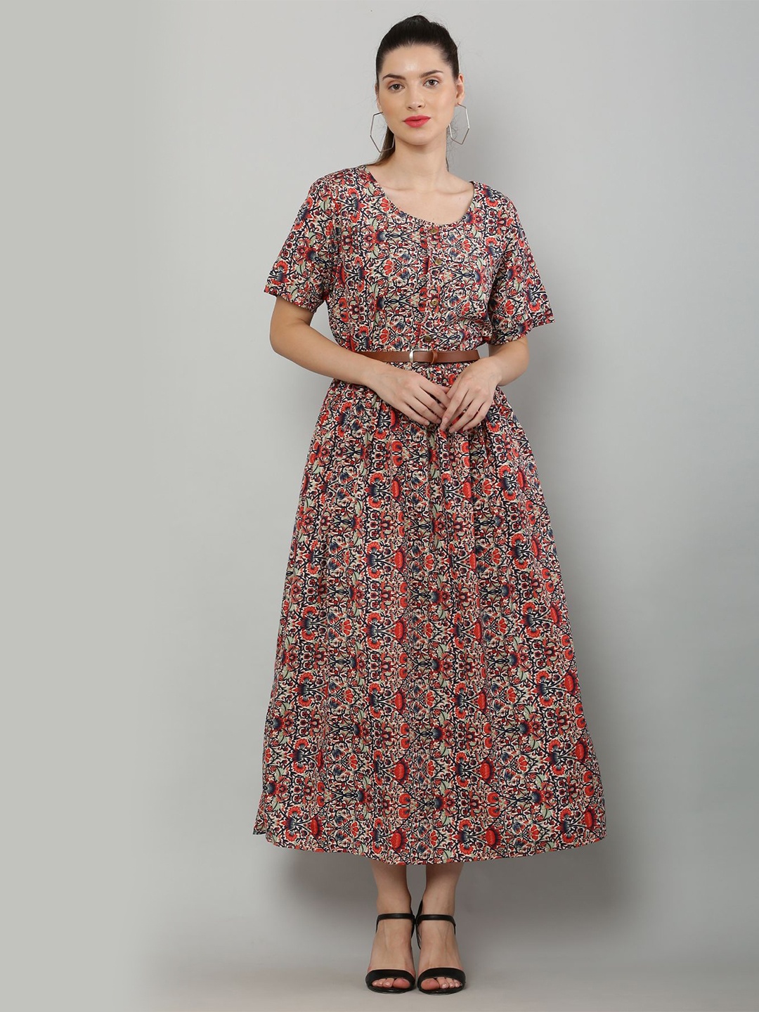 

R Cube Women Green & Red Floral Printed Round Neck Maxi Dress