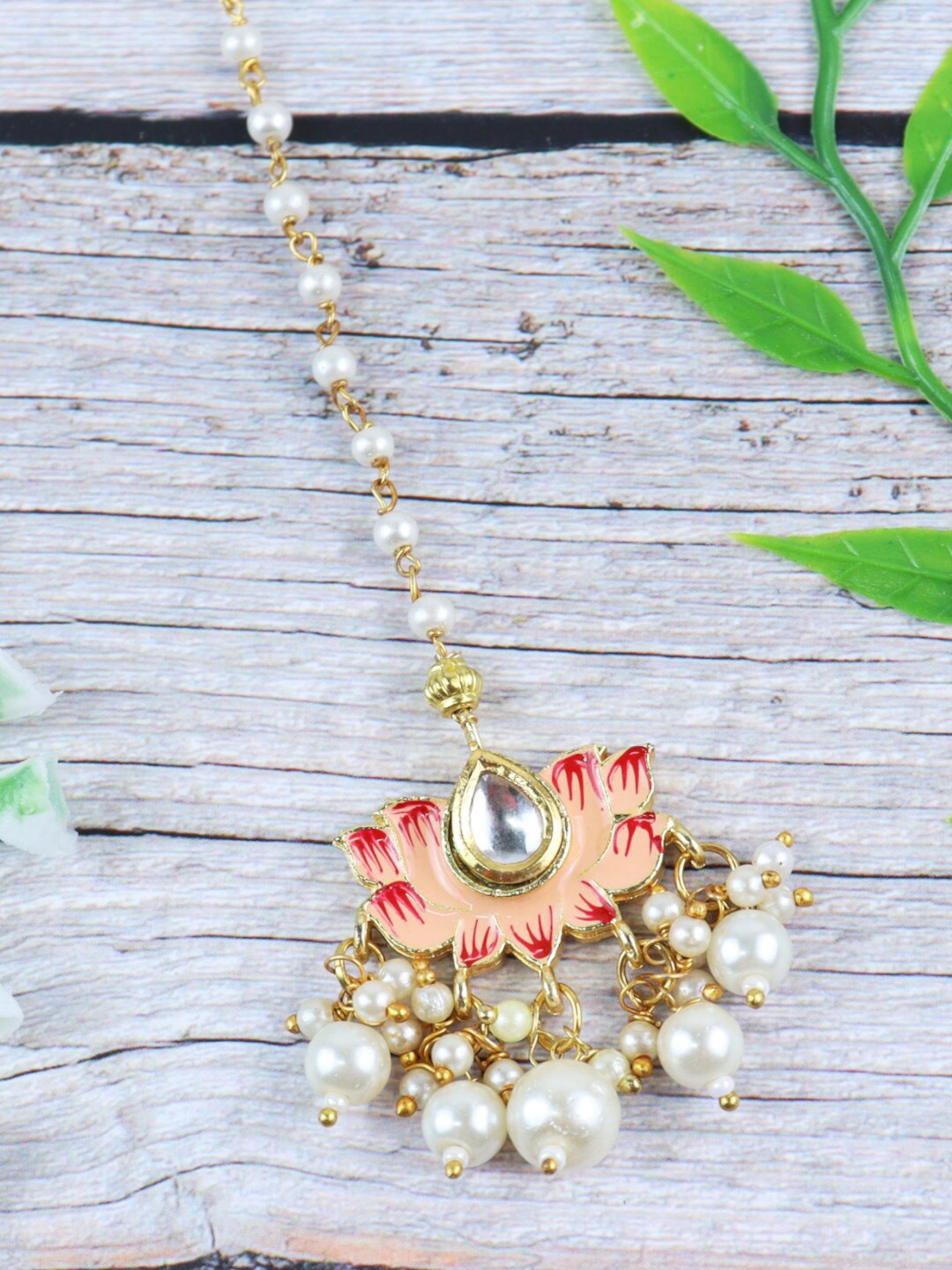 

Asthetika Kids Gold-Plated & Pink Lotus Kundan-Studded Handcrafted Maang Tikka