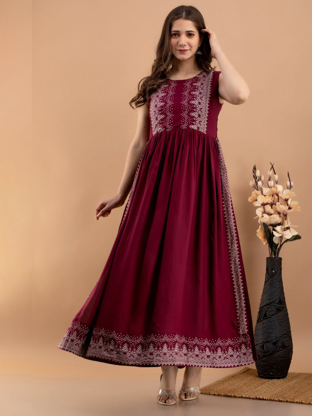 

DRESSAR Maroon Ethnic Motifs Printed Maxi Dress