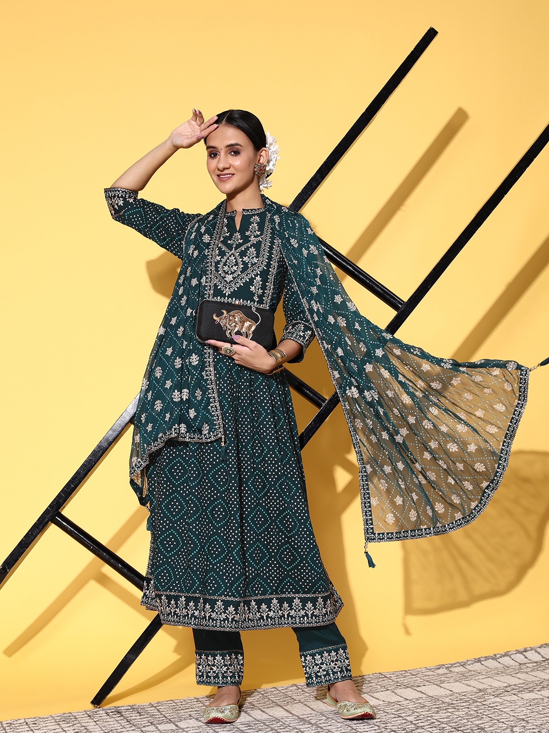 

ZOLA Women Bandhani Printed Pleated Embroidered Kurta with Trousers & Dupatta, Teal