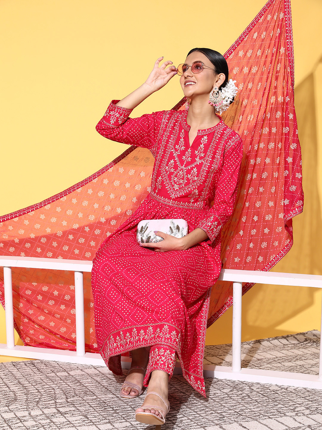 

ZOLA Women Bandhani Printed Pleated Embroidered Kurta with Trousers & Dupatta, Pink