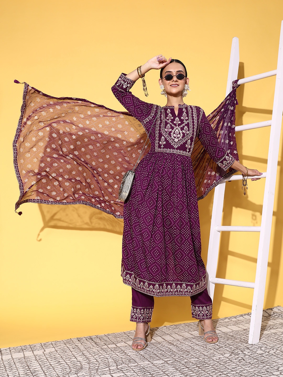 

ZOLA Exclusive Women Purple Bandhani Embroidered Pleated Kurta with Trousers & Dupatta