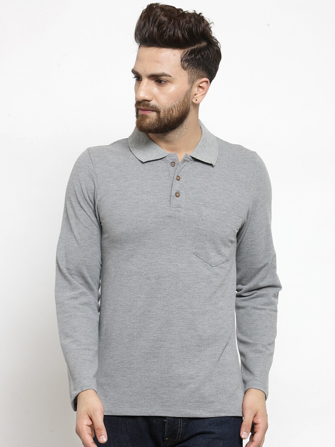 

Kalt Men Grey Melange Polo Collar T-shirt