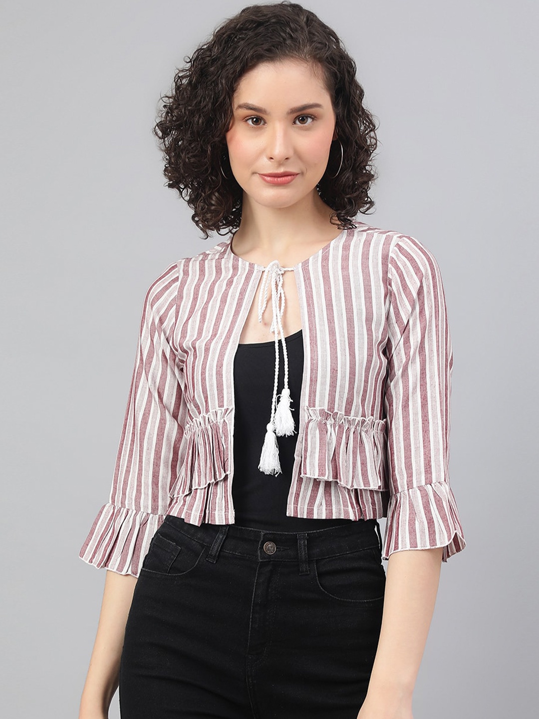 

DEEBACO Women Peach-Coloured & White Striped Crop Shrug