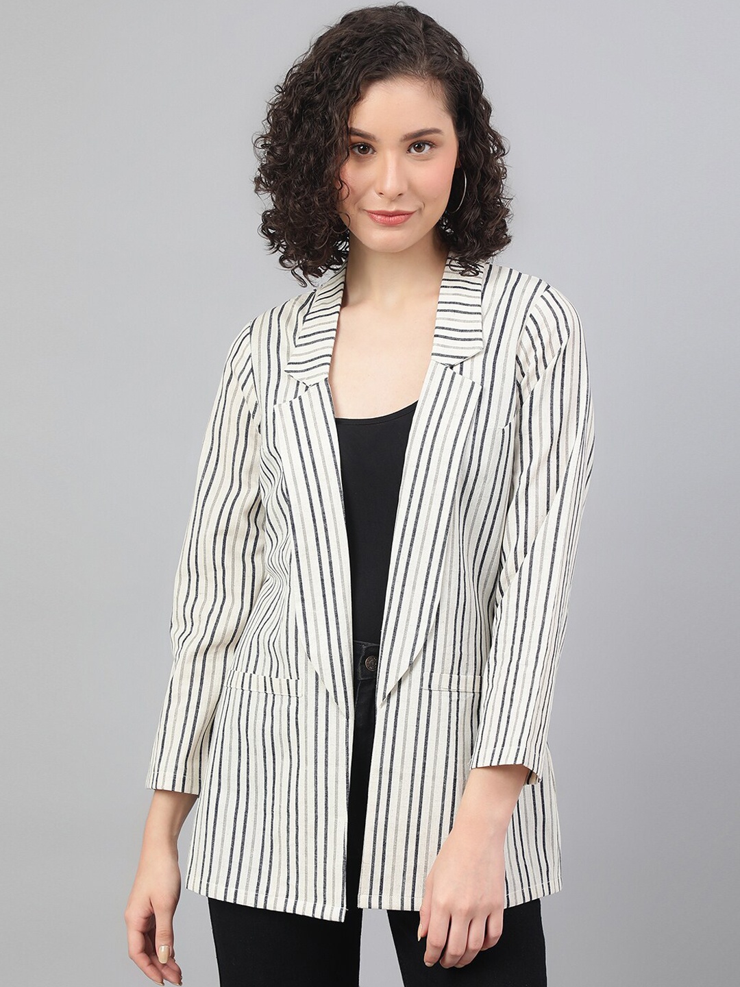 

DEEBACO Women White Striped Pure Cotton Open Front Blazers