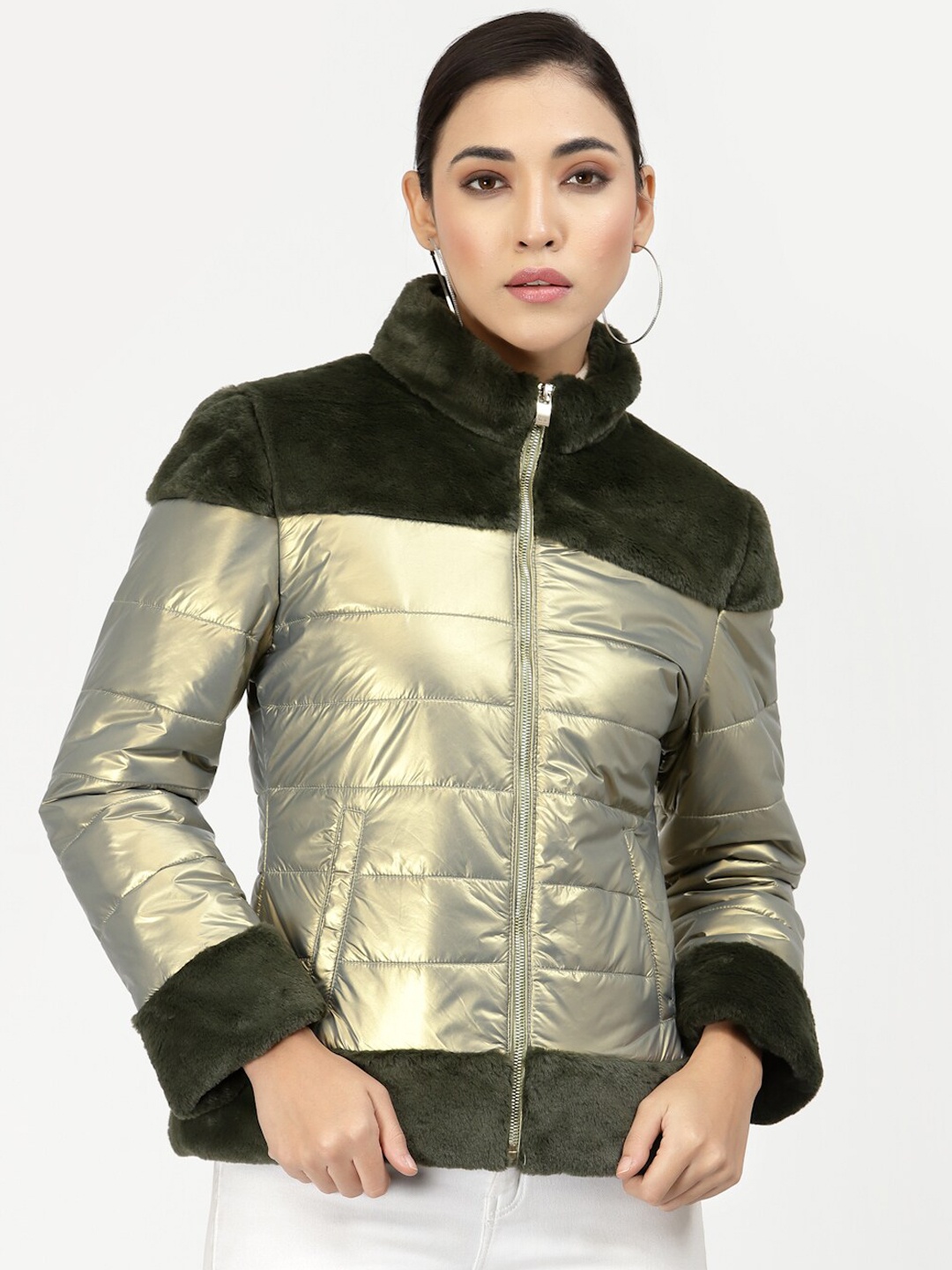 

Juelle Women Olive Green & Gold-Toned Colourblocked Bomber Jacket