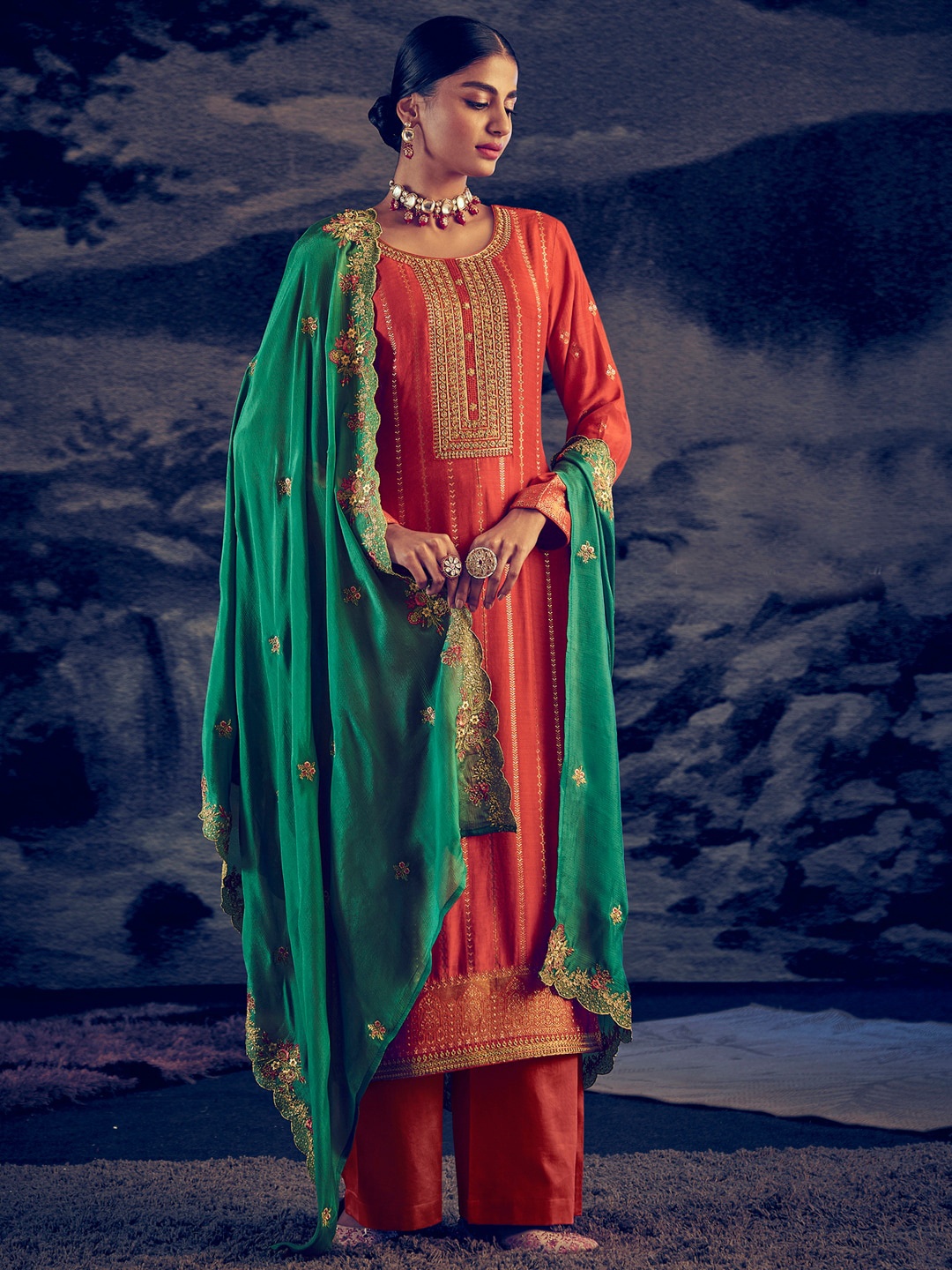 

Stylee LIFESTYLE Orange & Green Embroidered Pure Silk Unstitched Dress Material