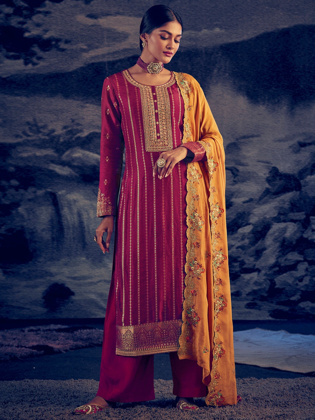 

Stylee LIFESTYLE Magenta & Yellow Embroidered Pure Silk Unstitched Dress Material