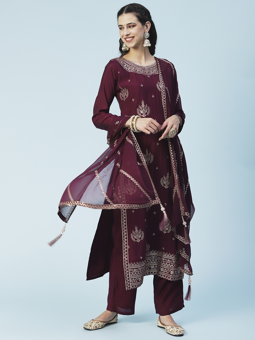 

Envy Me by FASHOR Women Maroon Ethnic Motifs Embroidered Sequinned Kurta with Trousers & With Dupatta