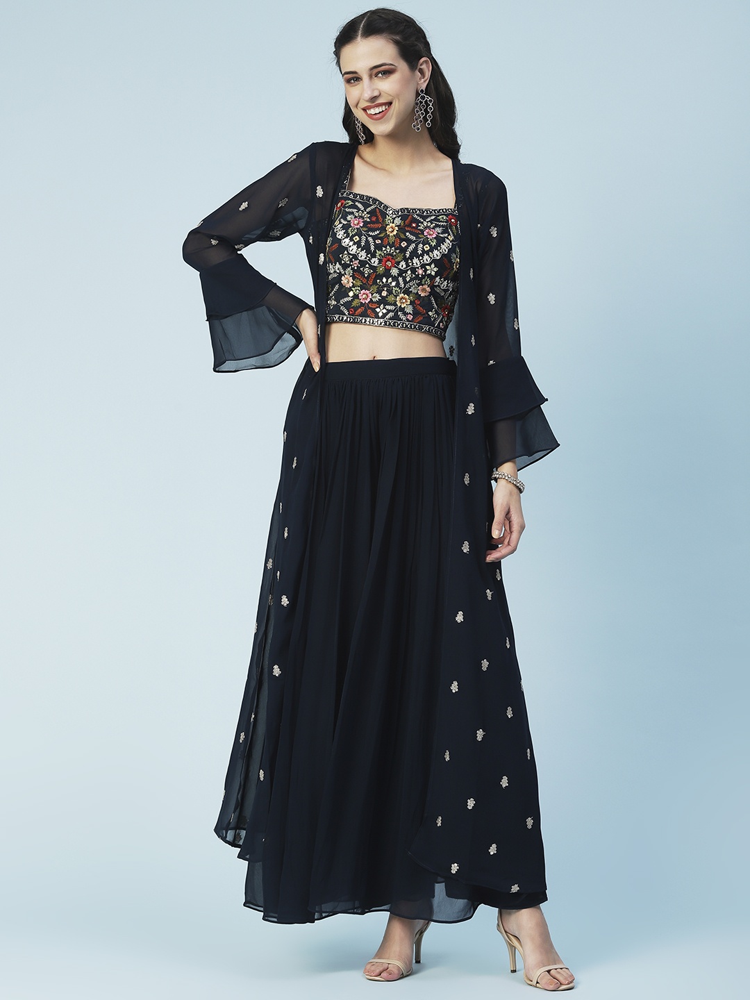

Envy Me by FASHOR Women Navy Blue Mirror Work Dupion Silk Top with Palazzos & Shrug