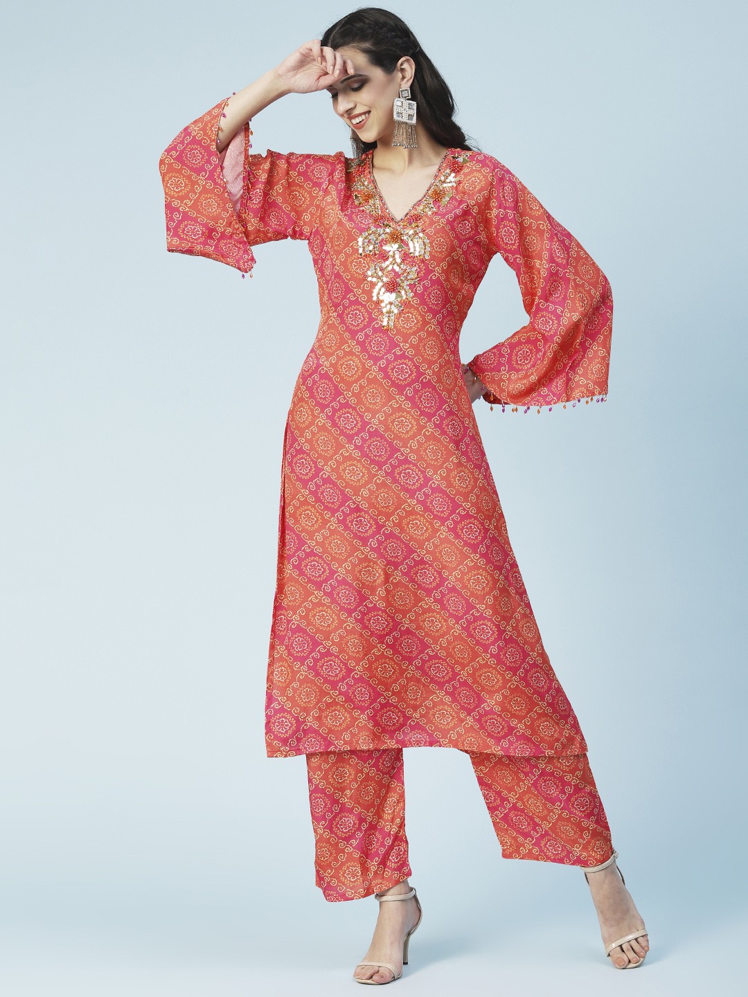 

Envy Me by FASHOR Women Orange Bandhani Printed Mirror Work Kurta with Trousers