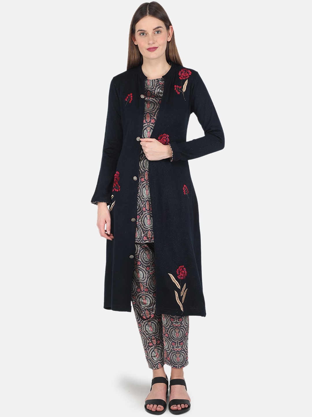 

Monte Carlo Women Navy Blue Ethnic Motifs Printed Pure Cotton Kurta with Trousers & Jacket