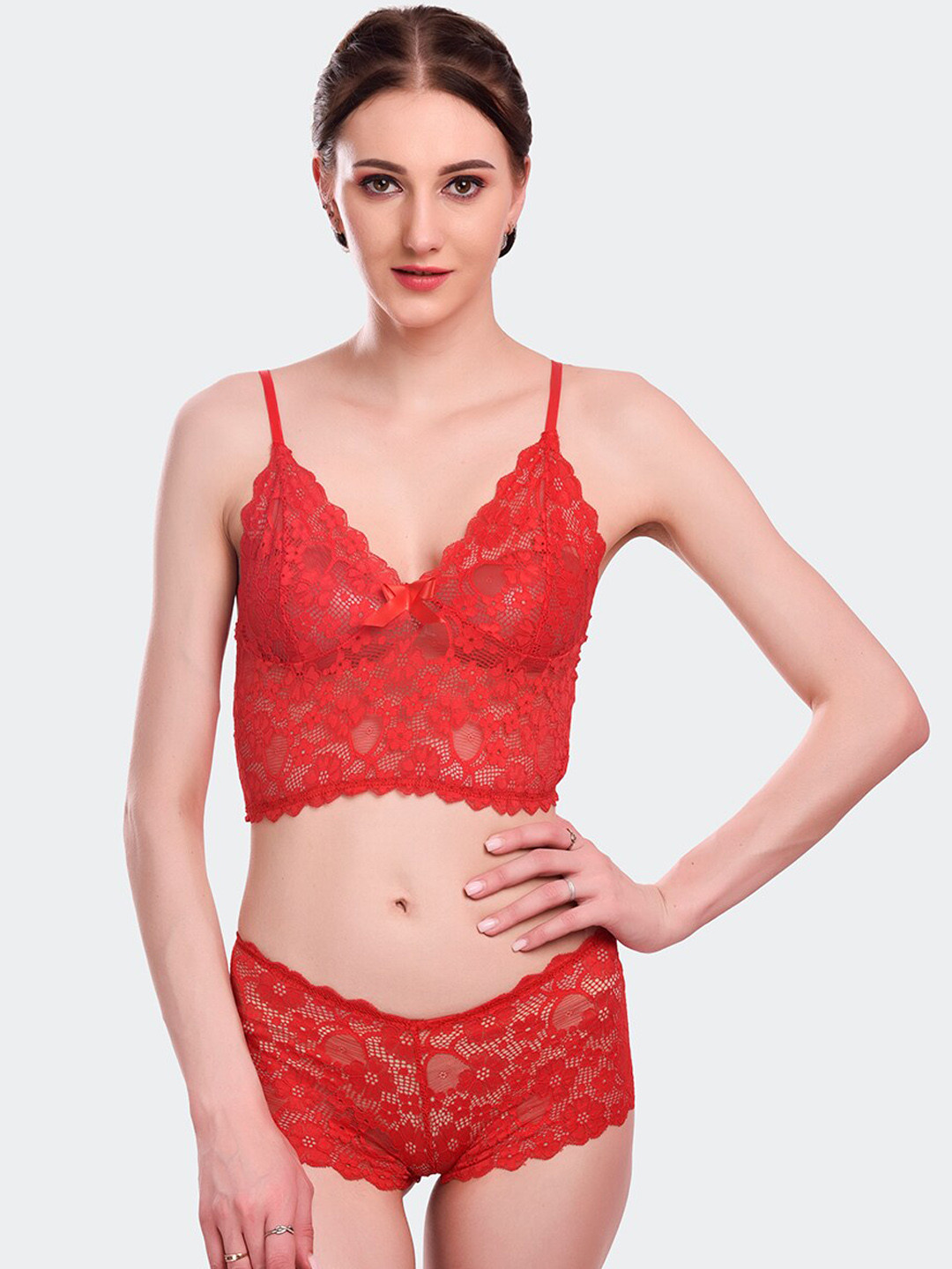 

Fleurt Women Red Self Design Lingerie Set