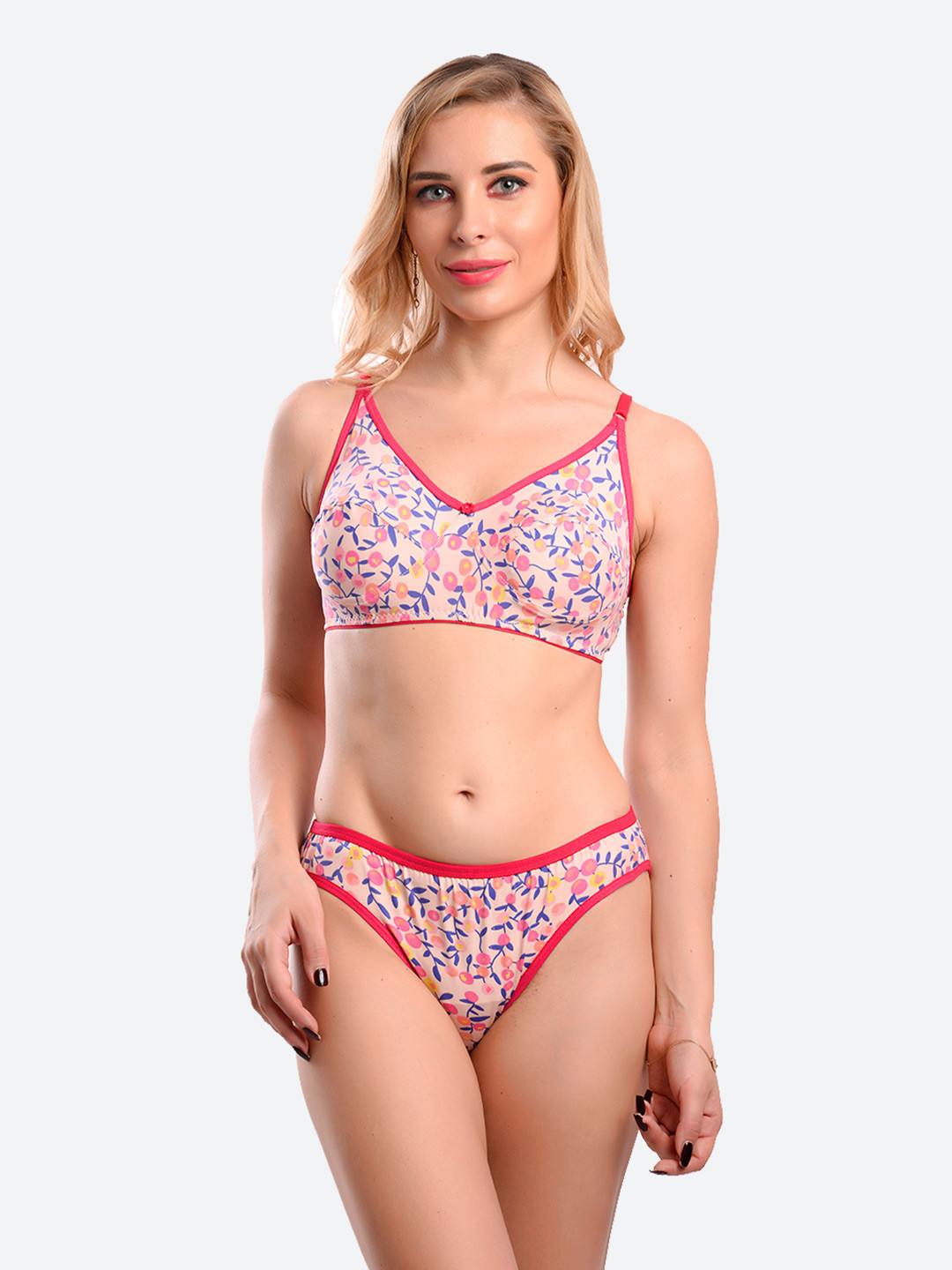 

Fleurt Rose-Pink & Blue Floral Printed Lingerie Set