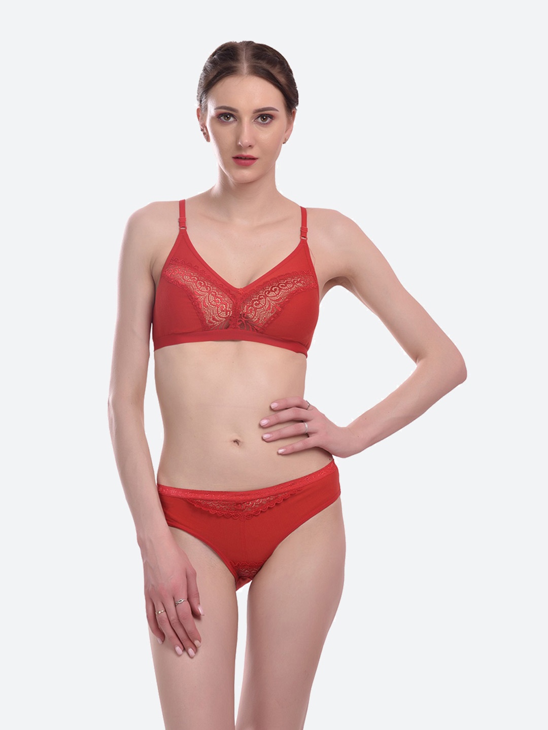 

Fleurt Red Self Designed Laced Lingerie Set