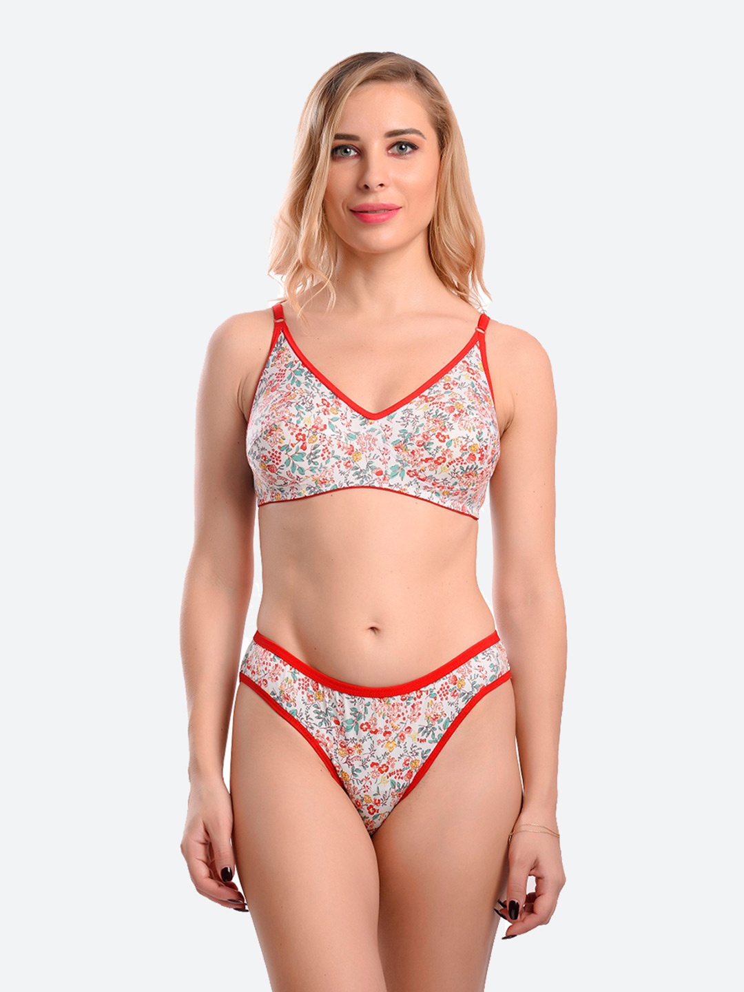 

Fleurt White & Red Floral Printed Lingerie Set