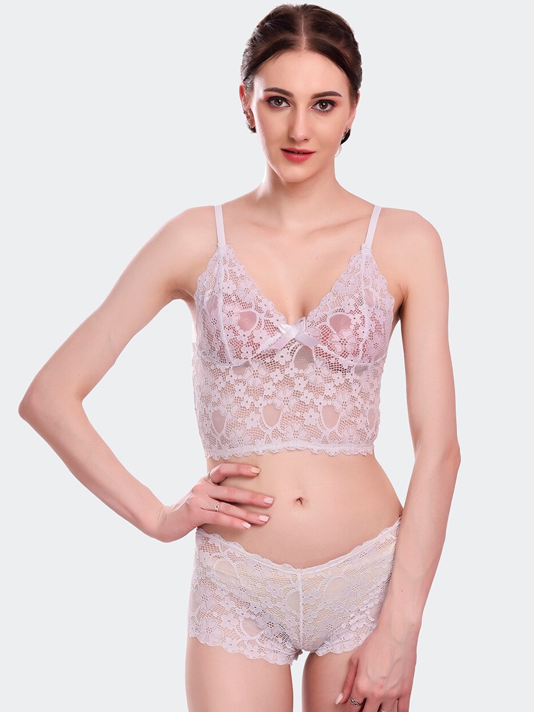 

Fleurt White Self Design Lingerie Set