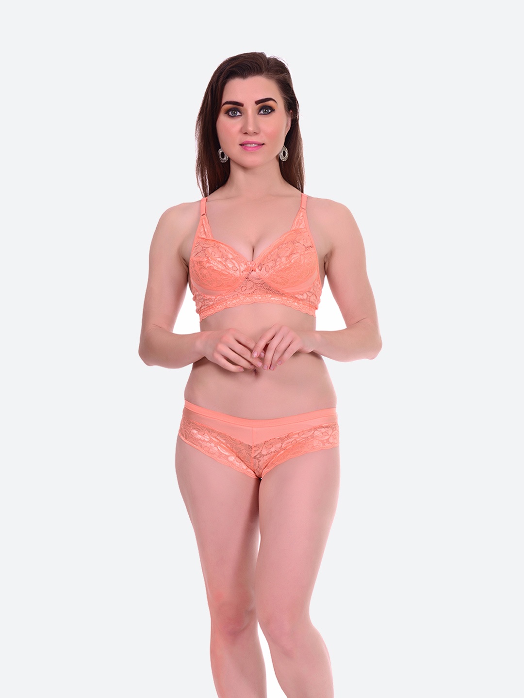 

Fleurt Orange Self-Designed Laced Lingerie Set