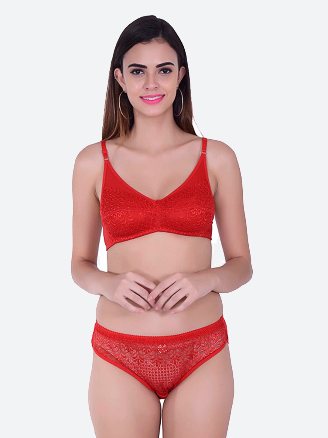 

Fleurt Red Self-Designed Laced Lingerie Set